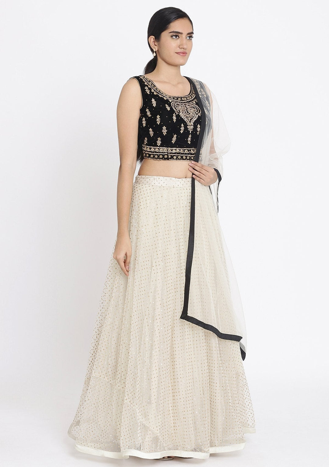 Cream And Black Stonework Net Designer Lehenga - koskii