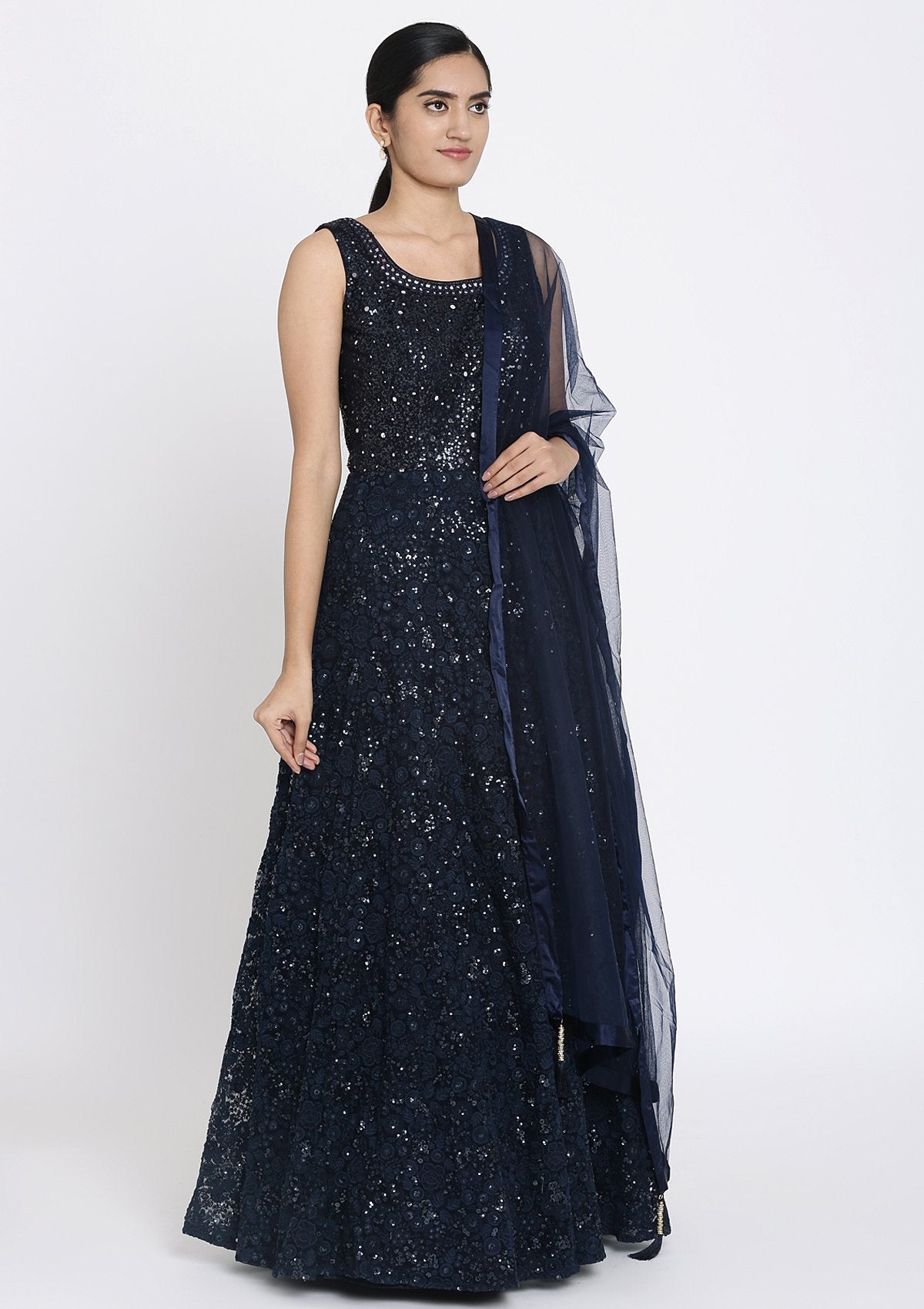 Navy Blue Chikankari Net Designer Gown - koskii