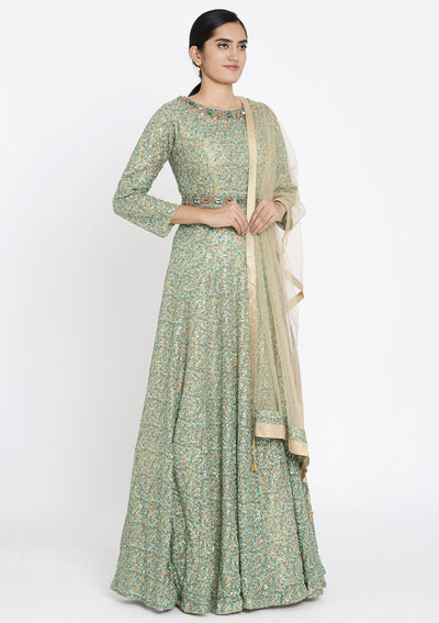 Rama Green Sequins Embellished Designer Gown - koskii