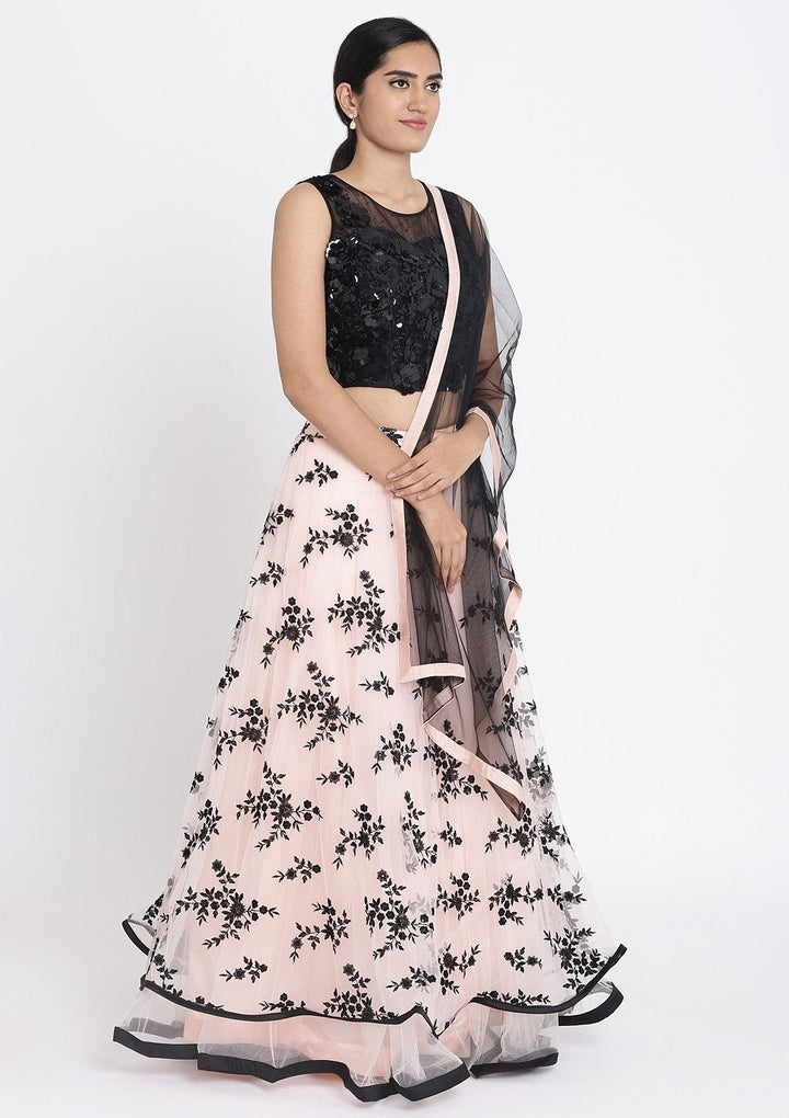 Baby Pink And Black Applique Net Designer Lehenga - koskii