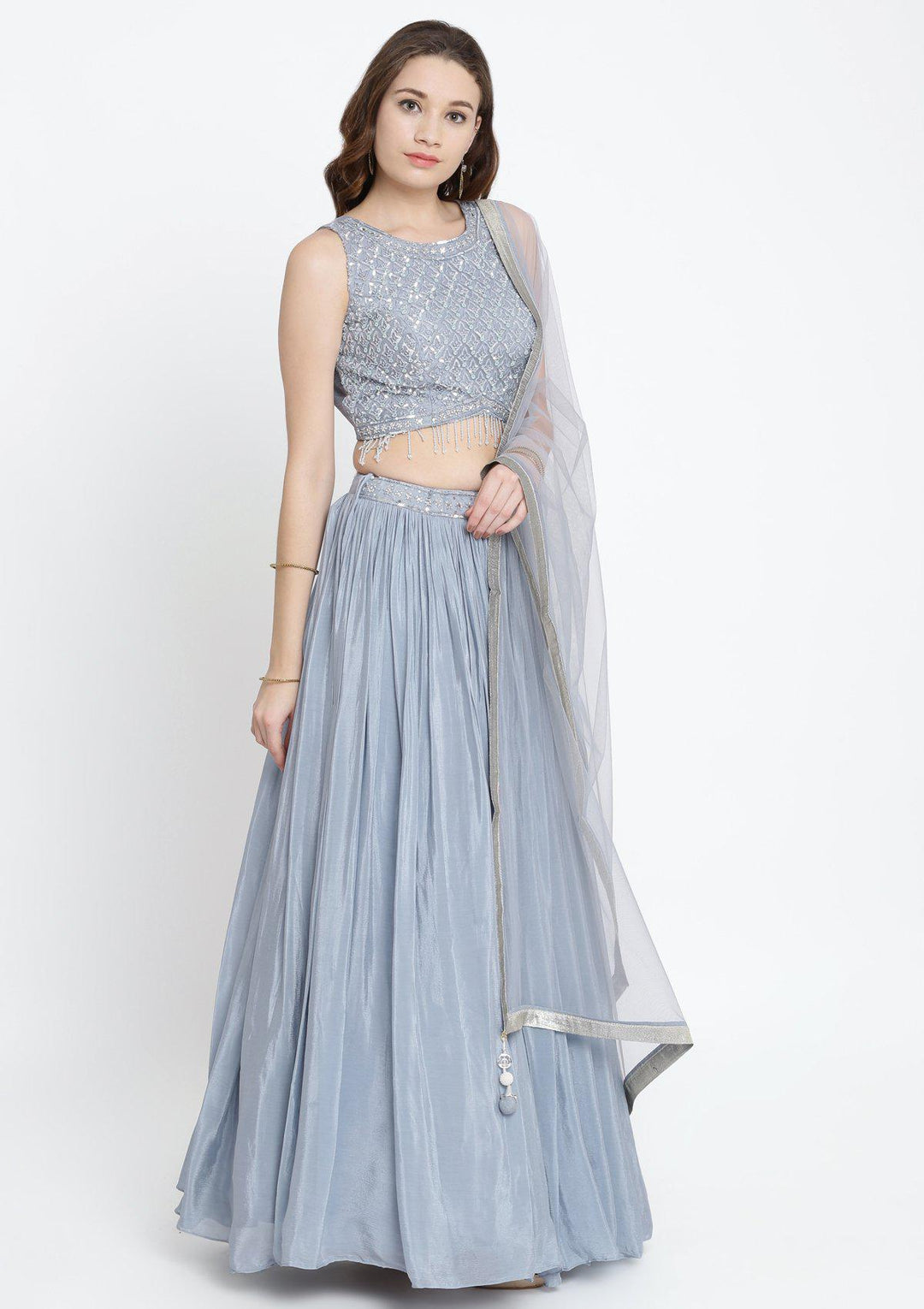 Light Grey Sequinned Satin Designer Lehenga-Koskii