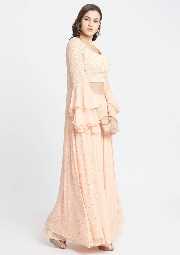Peach Threadwork Georgette Designer Crop Top Set-Koskii