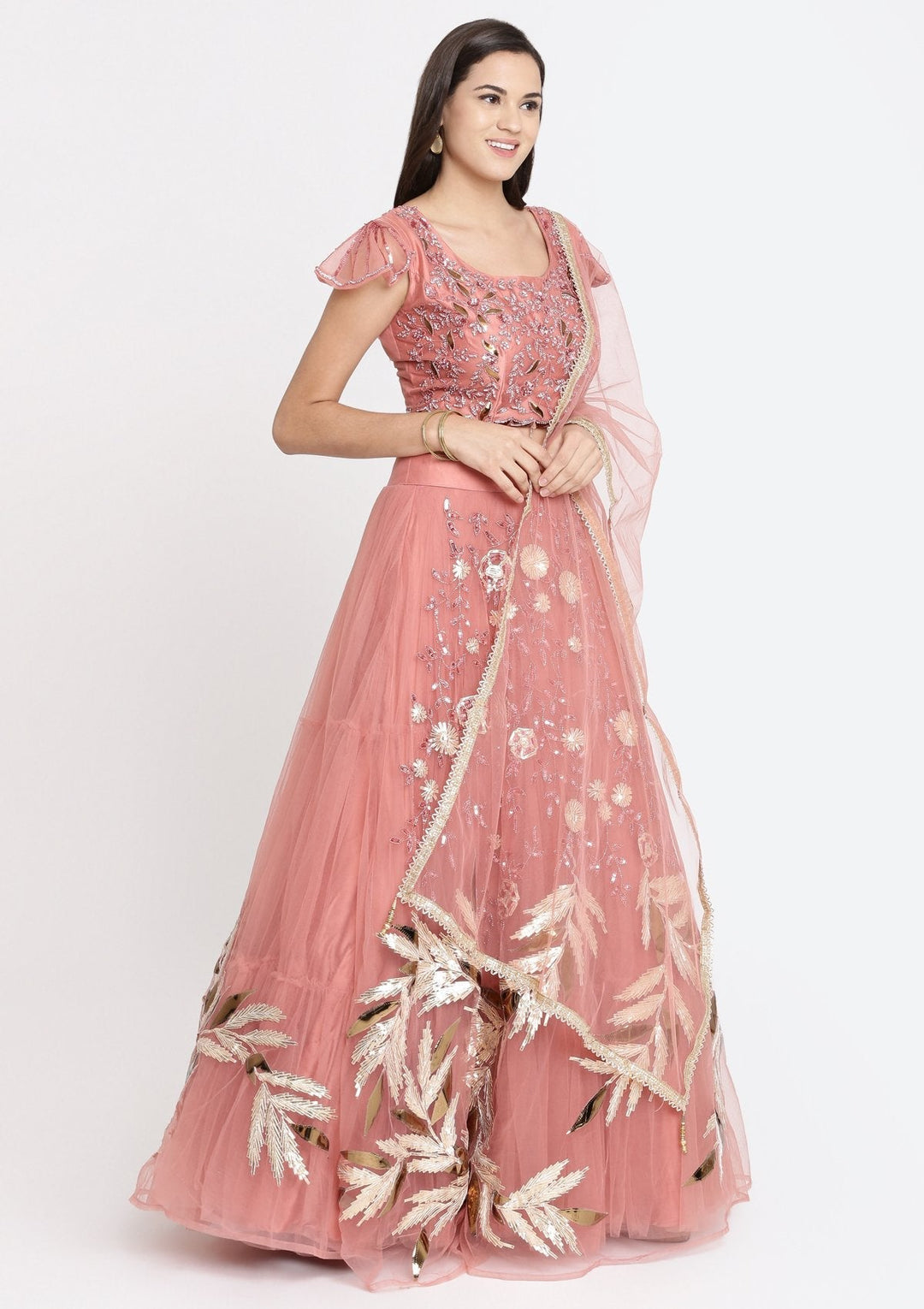 Onion Pink Cutdana Net Designer Lehenga-Koskii