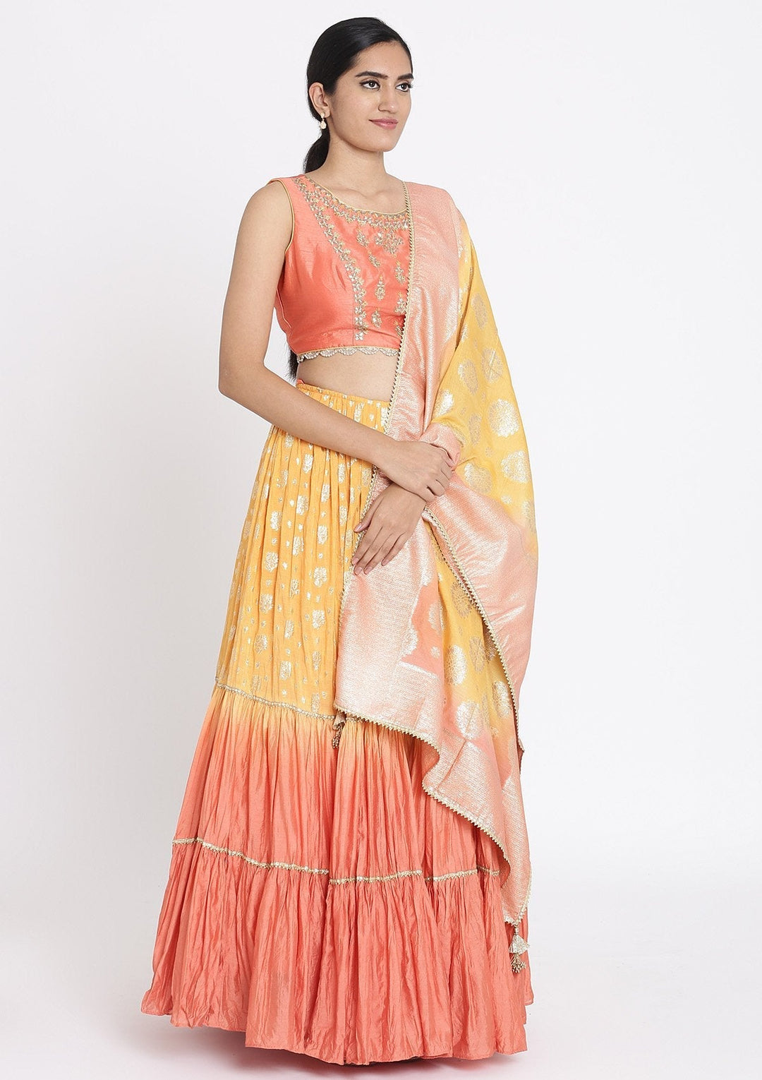 Mustard And Peach Gotapatti Art Silk Designer Lehenga - koskii
