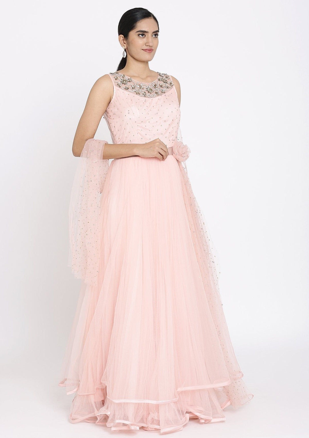 Baby Pink Stonework Net Designer Gown - koskii