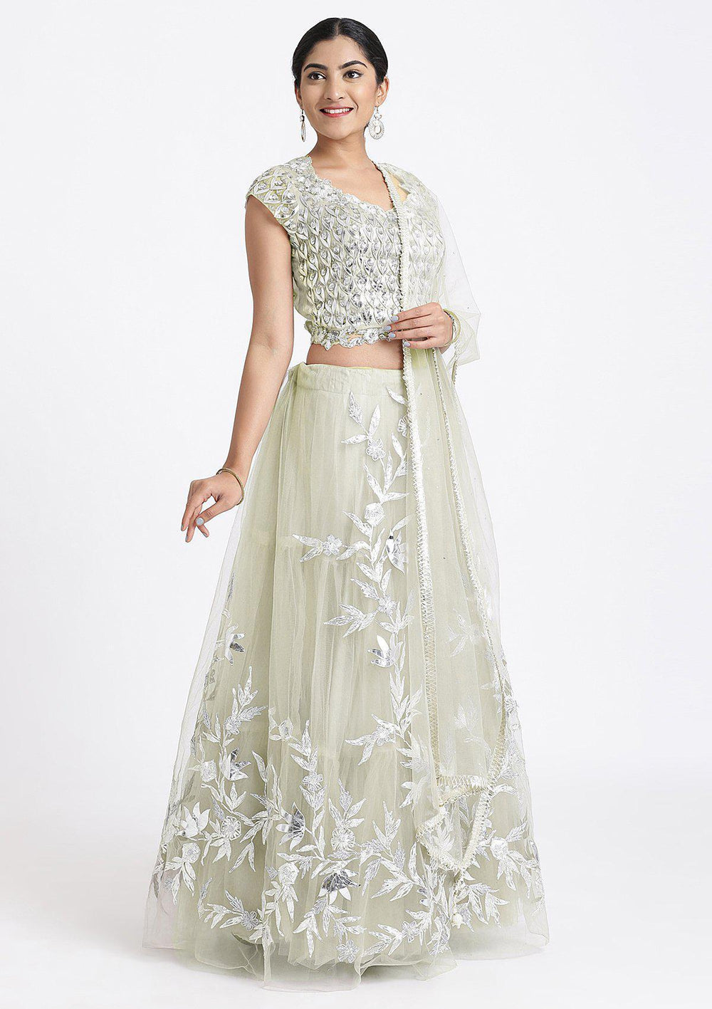 Pista Green Sequinned Net Designer Lehenga-Koskii