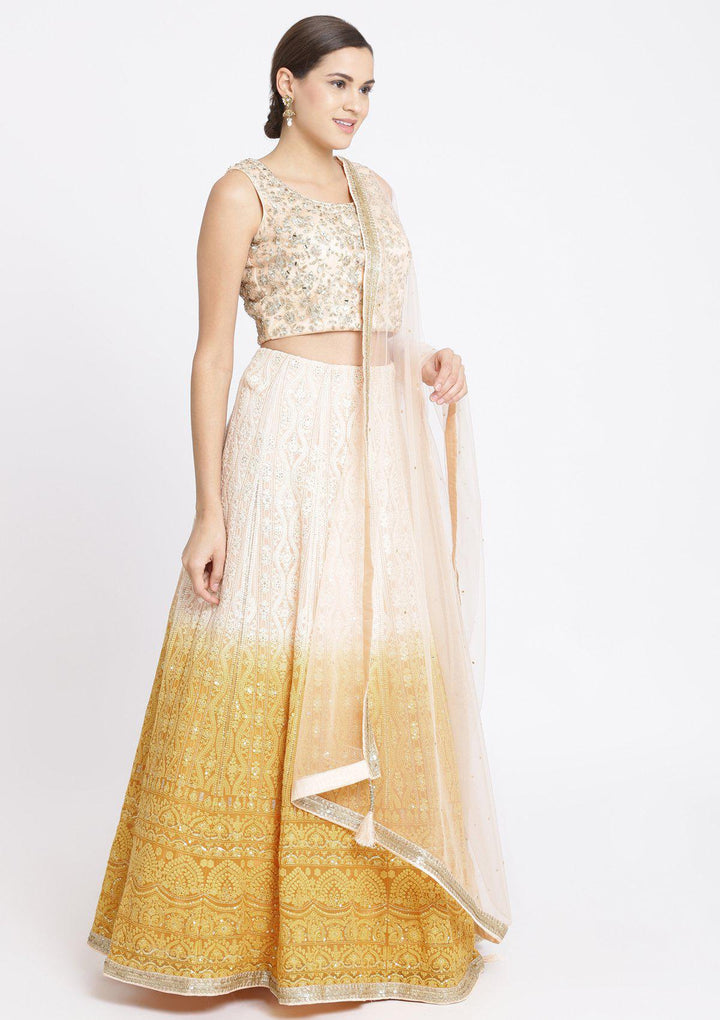 Chrome Yellow and Peach Mirrorwork Georgette Designer Lehenga-Koskii