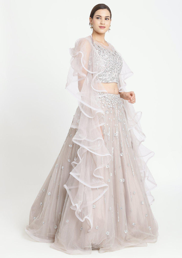 Light Grey Sequins Net Designer Lehenga-Koskii