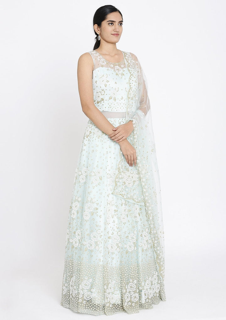 Sky Blue Cutdana Net Designer Gown - koskii