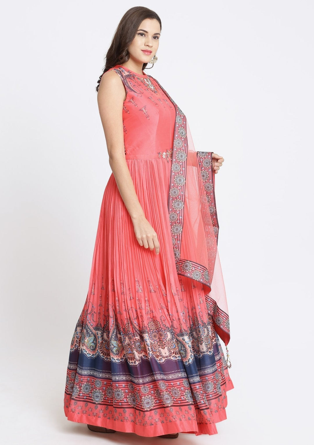 Coral Printed Georgette Designer Gown-Koskii