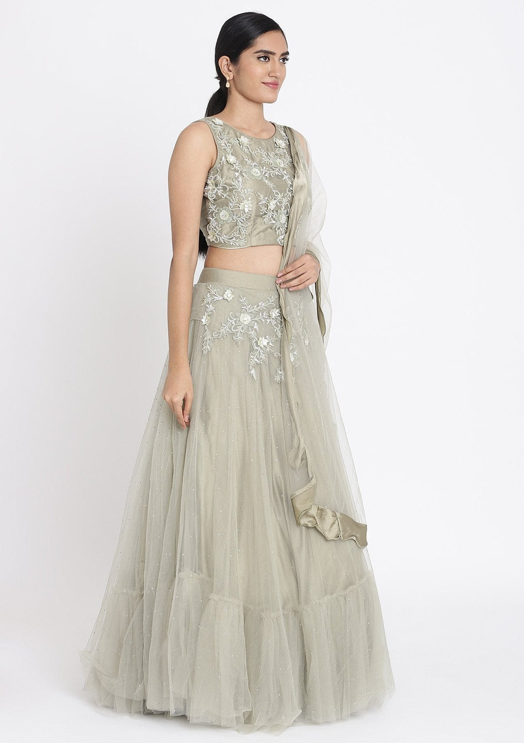Pista Green Cutdana Net Designer Lehenga - koskii