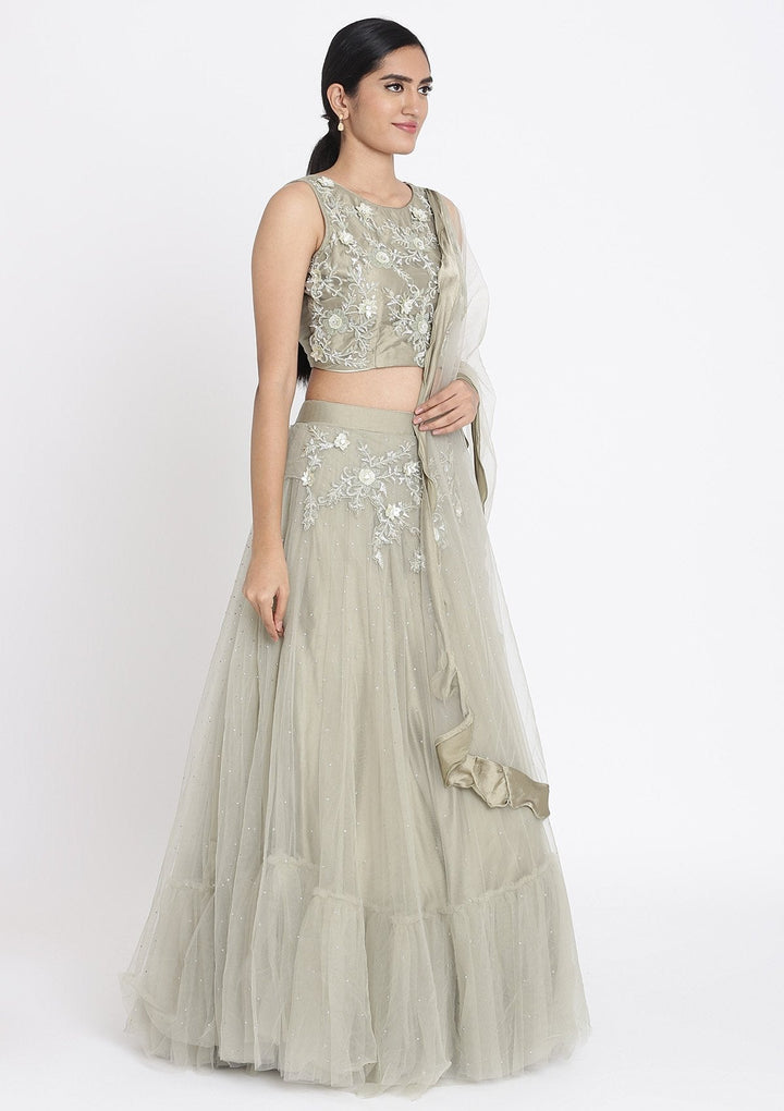 Pista Green Cutdana Net Designer Lehenga - koskii