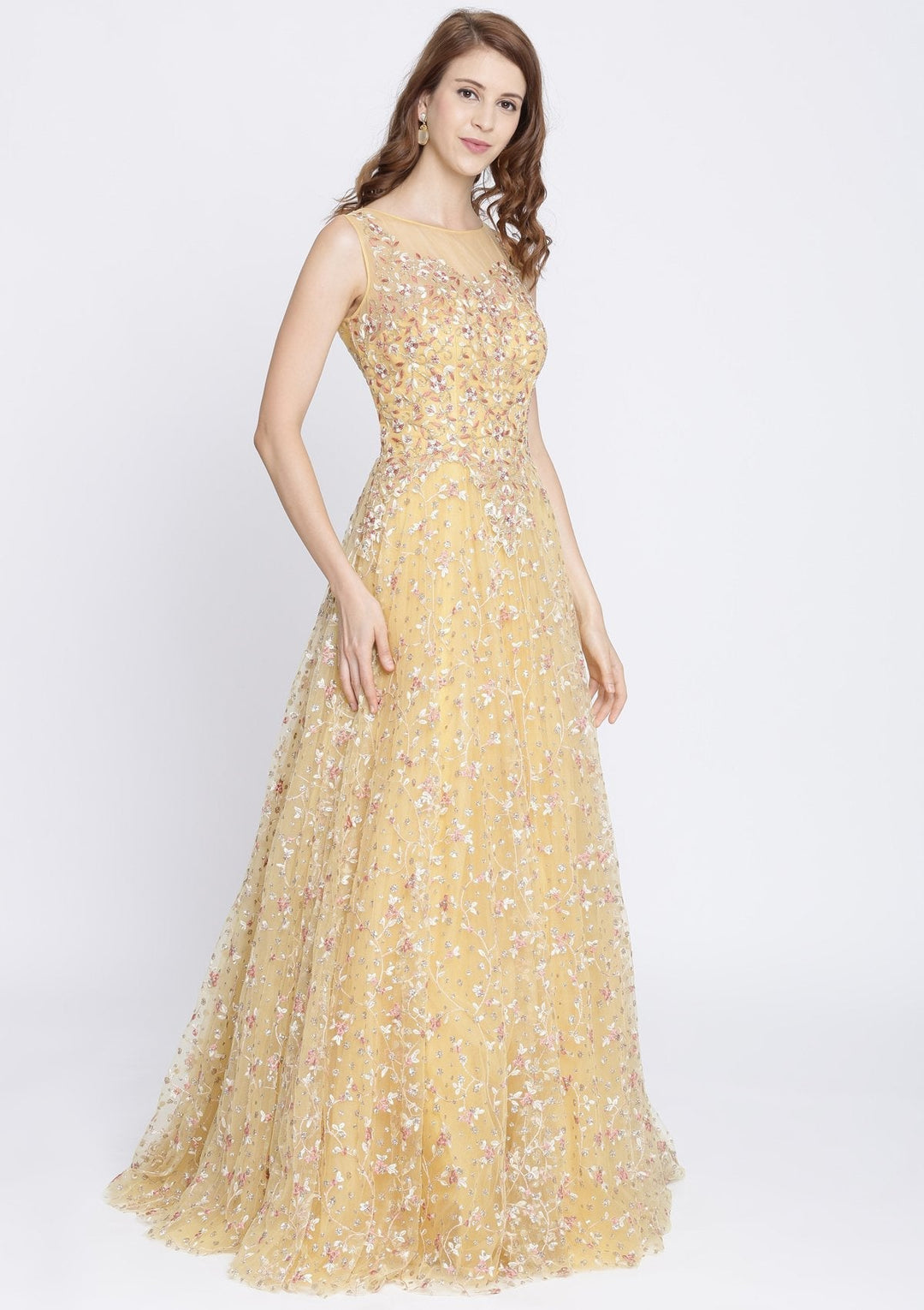 Yellow Zariwork Net Designer Gown-Koskii