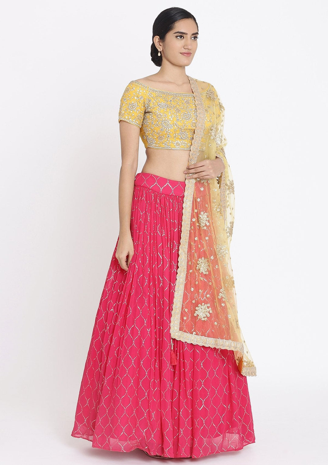 Rani Pink And Yellow Gotapatti Georgette Designer Lehenga - koskii
