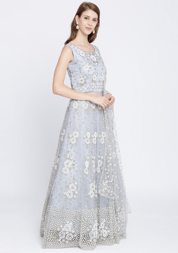Light Grey Cutdana Net Designer Gown-Koskii