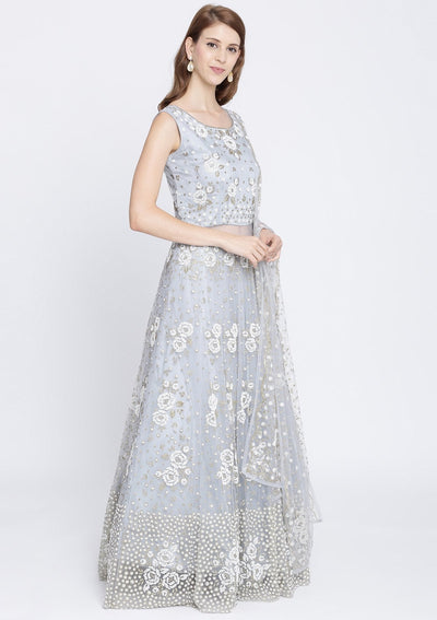 Light Grey Cutdana Net Designer Gown-Koskii