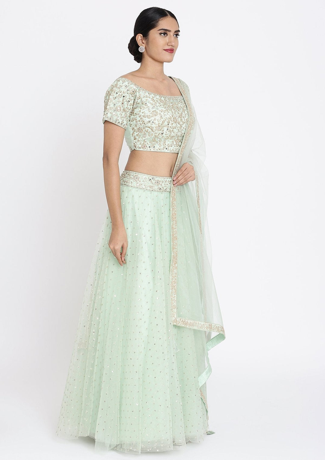 Pista Green Zariwork Net Designer Lehenga - koskii