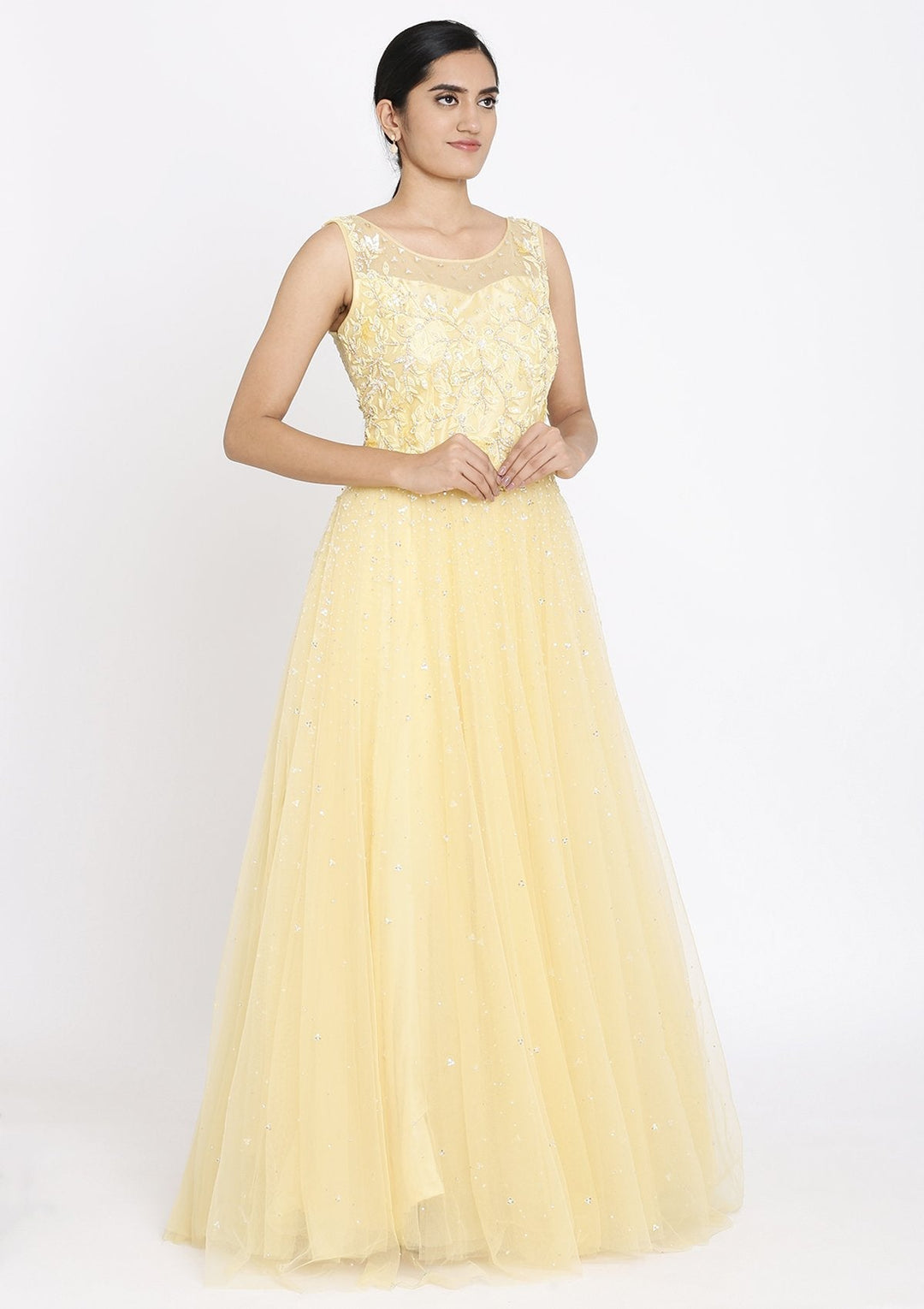 Yellow Cutdana Net Designer Gown - koskii