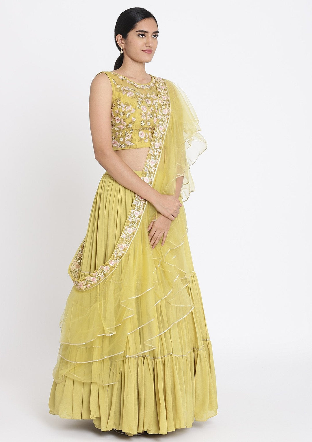 Mehendi Threadwork Georgette Designer Lehenga - koskii