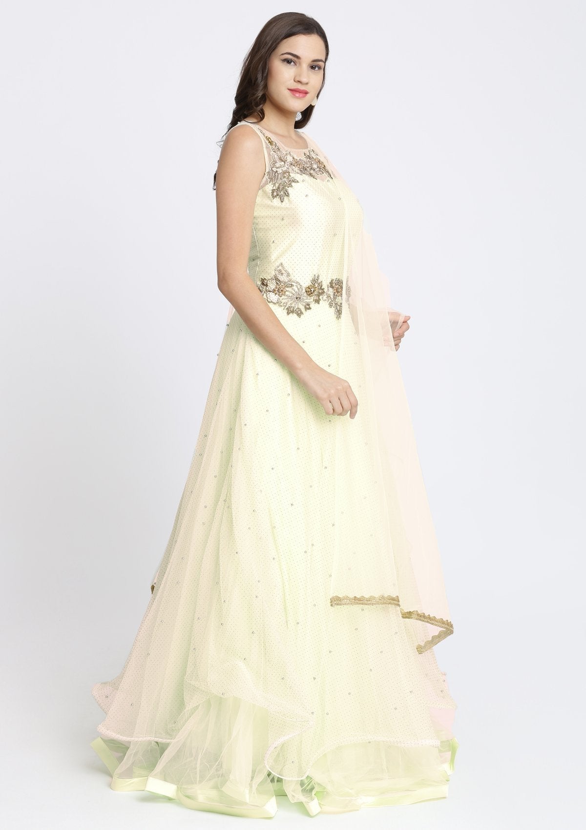 Pista Green Cutdana Net Designer Gown-Koskii