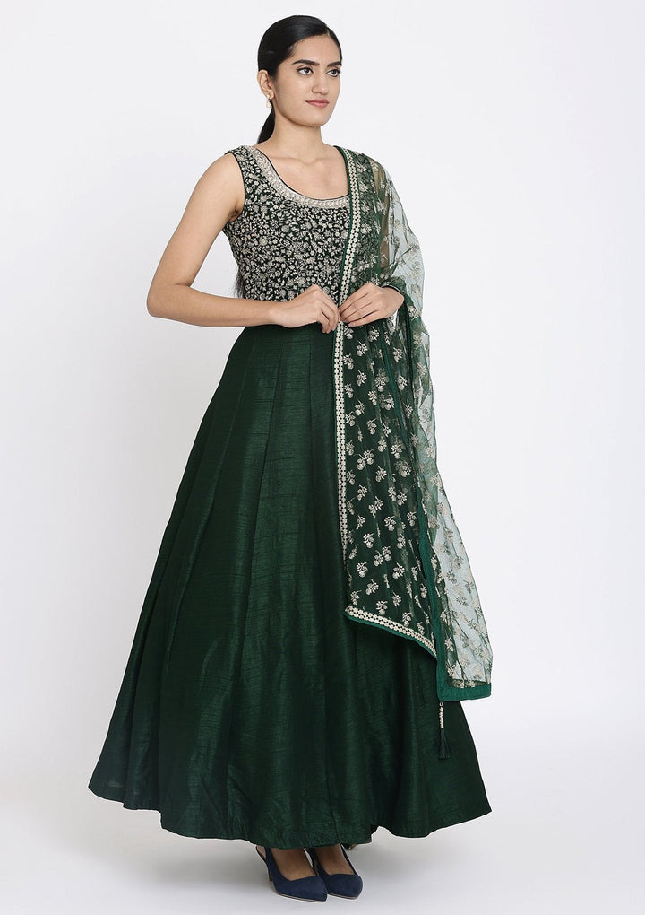 Bottle Green Zariwork Raw Silk Designer Gown - koskii