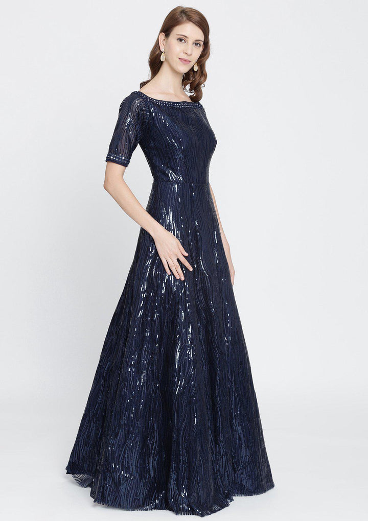 Navy Blue Sequins Net Designer Gown-Koskii