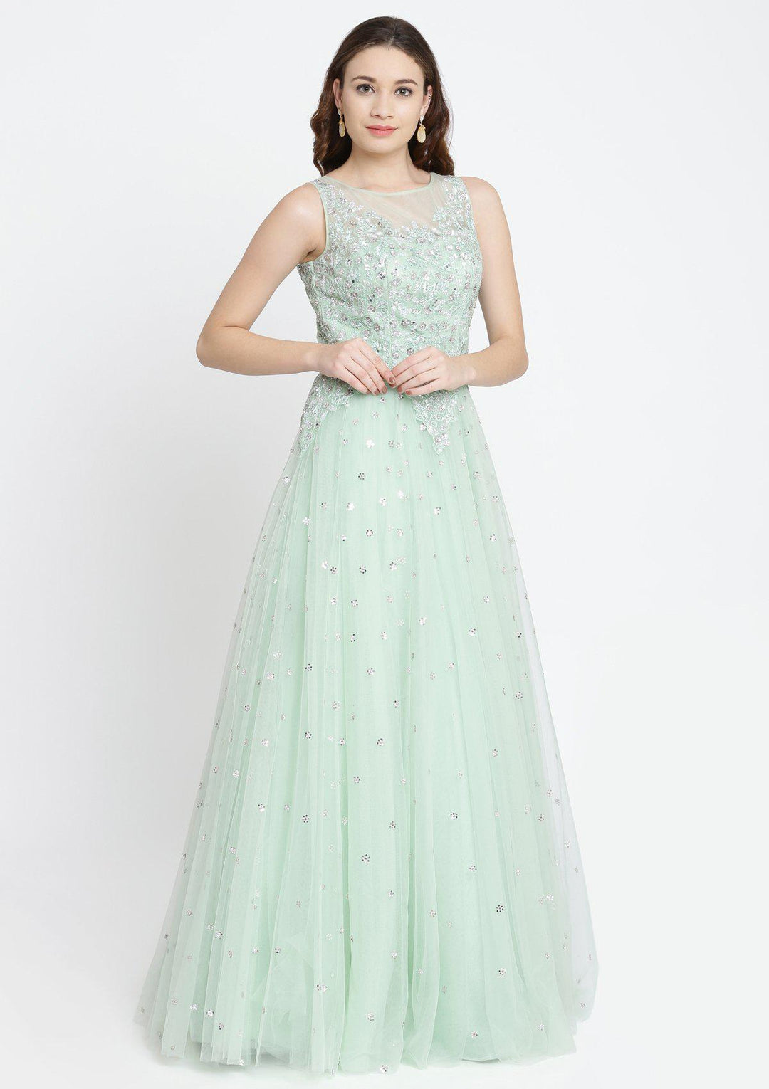 Pista Green Sequins Net Designer Gown-Koskii