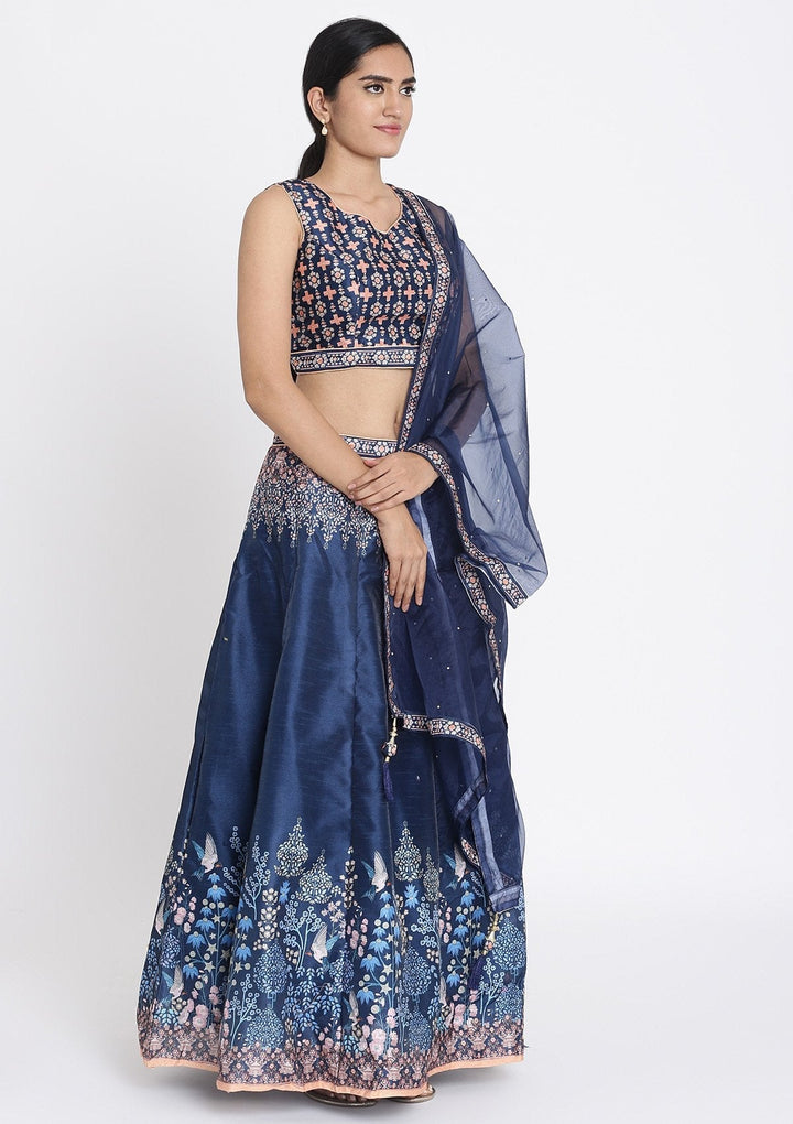 Navy Blue Printed Raw Silk Designer Lehenga - koskii