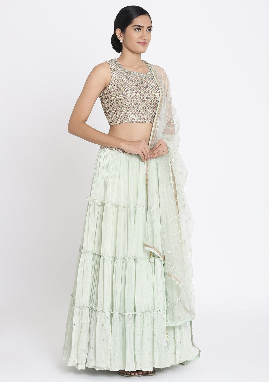 Pista Green Zariwork Art Silk Designer Lehenga - koskii
