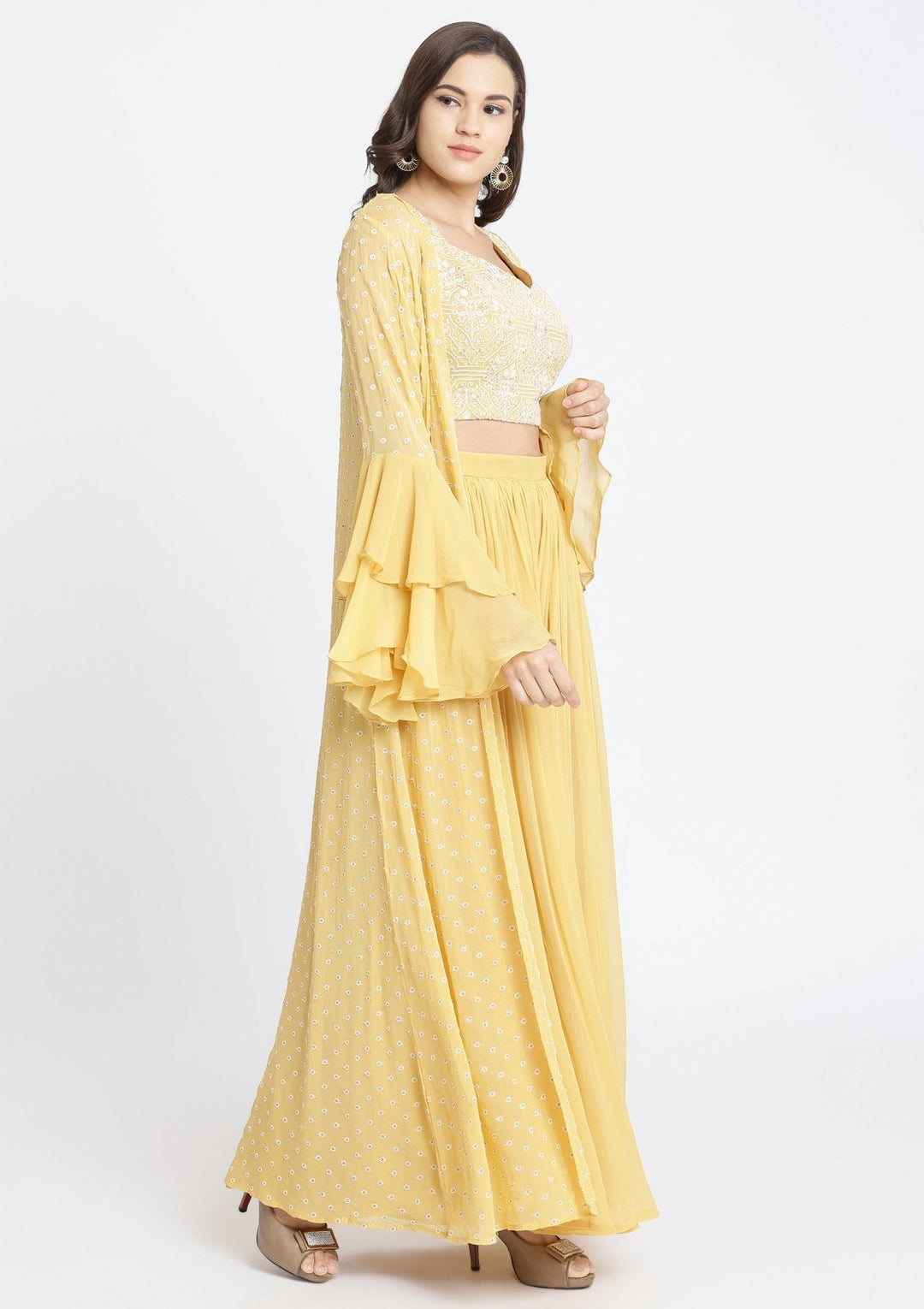 Yellow Threadwork Georgette Designer Crop Top Set-Koskii