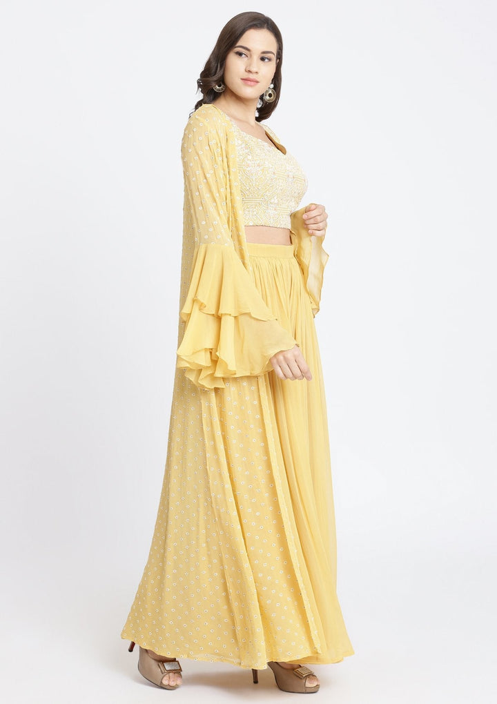 Yellow Threadwork Georgette Designer Crop Top Set-Koskii