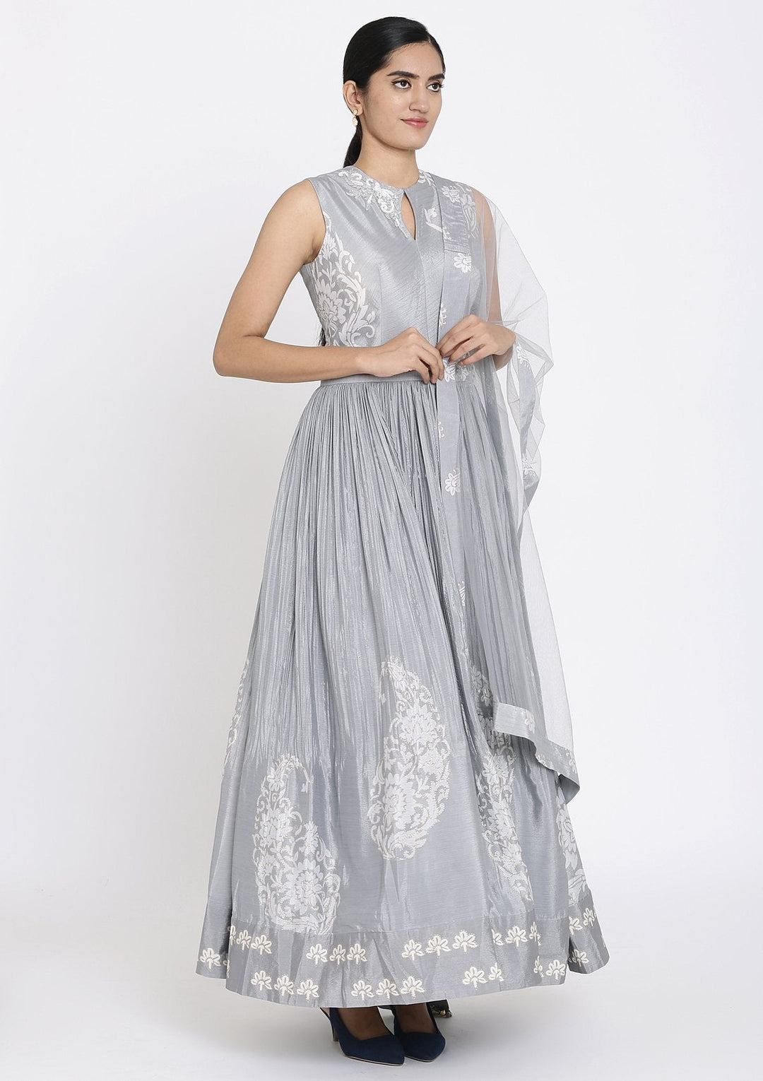 Light Grey Cutdana Satin Designer Gown - koskii