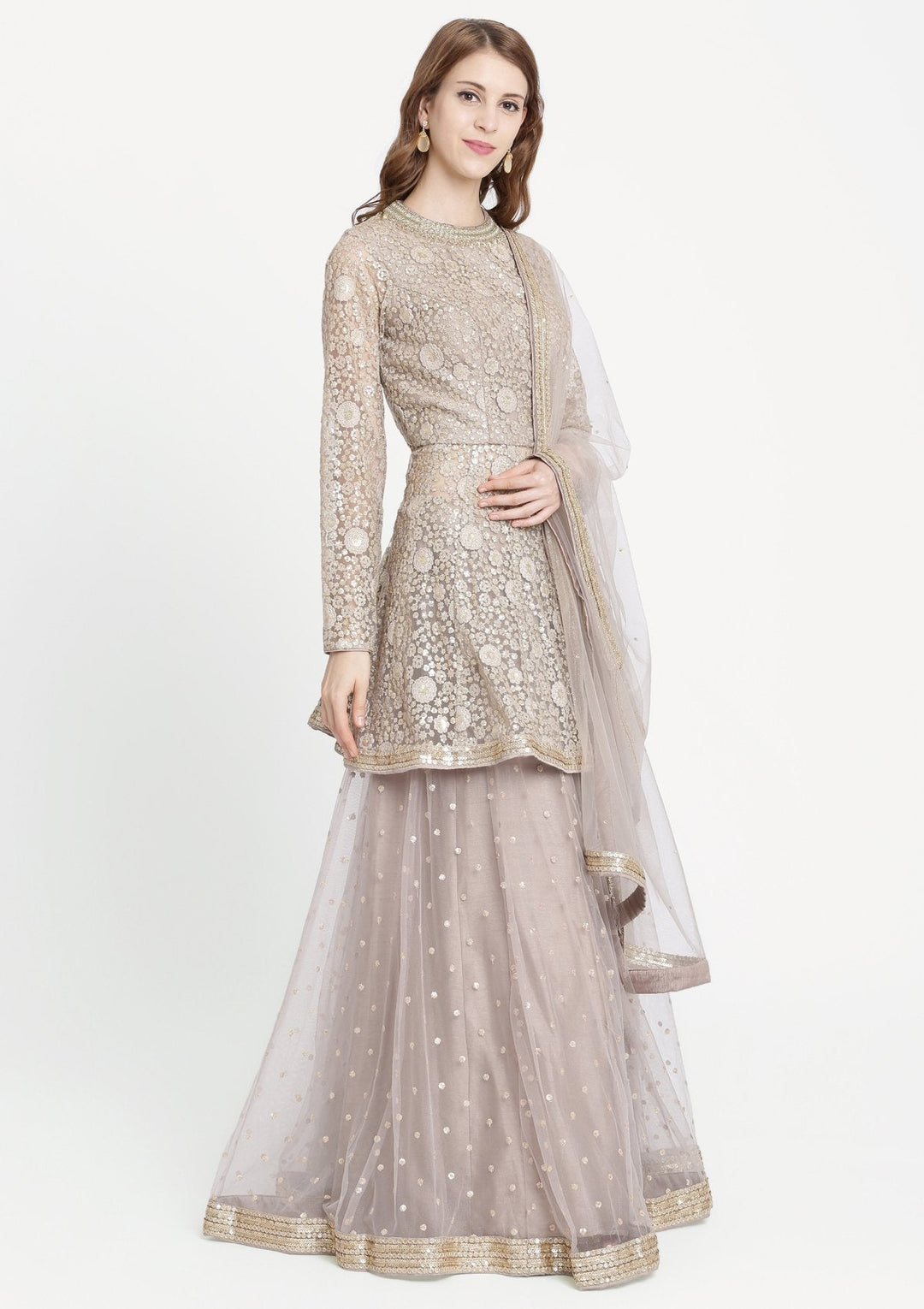 Light Grey Mirrorwork Net Designer Sharara-Koskii