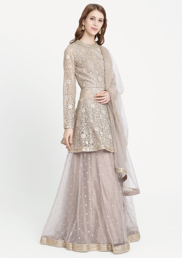 Light Grey Mirrorwork Net Designer Sharara-Koskii