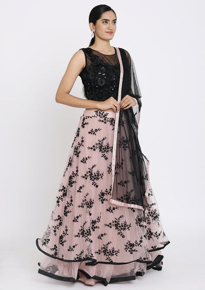 Mauve And Black Applique Net Designer Lehenga - koskii