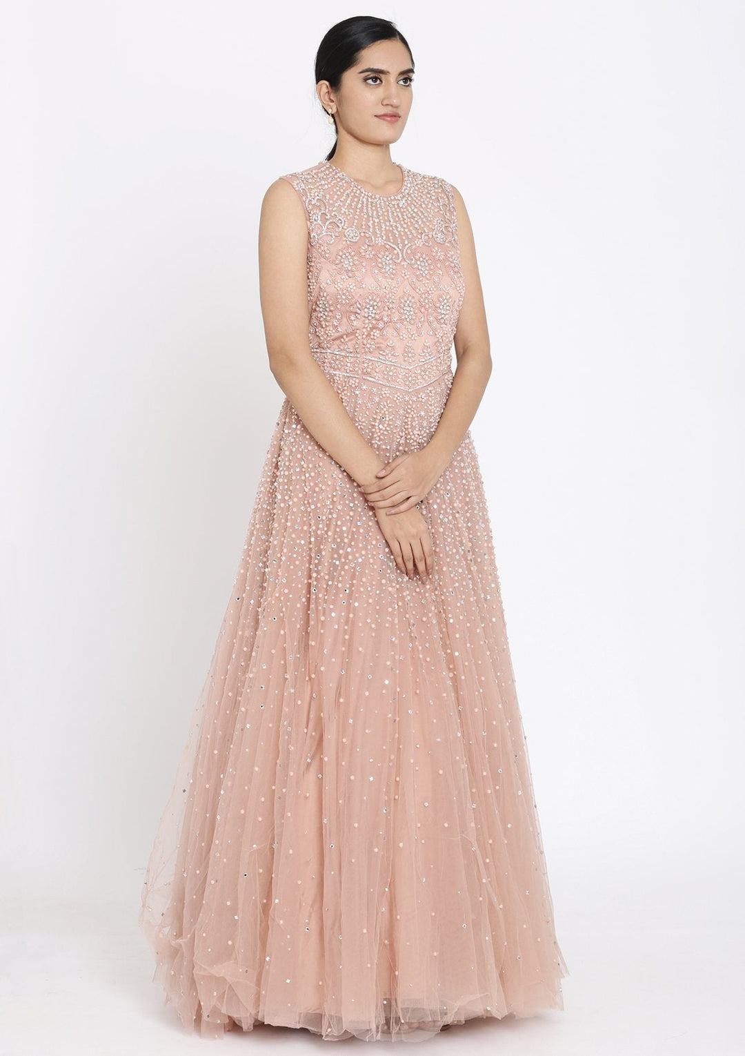 Onion Pink Pearlwork Net Designer Gown - koskii