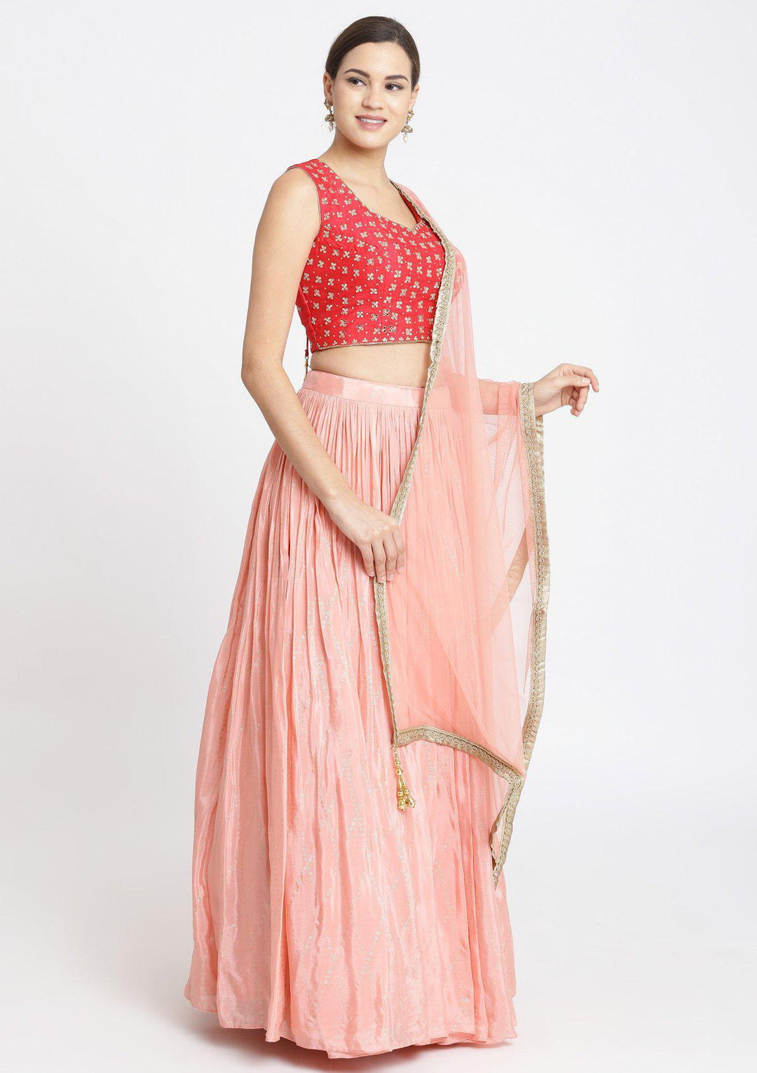 Peach and Fuschia Mirrorwork Satin Designer Lehenga-Koskii