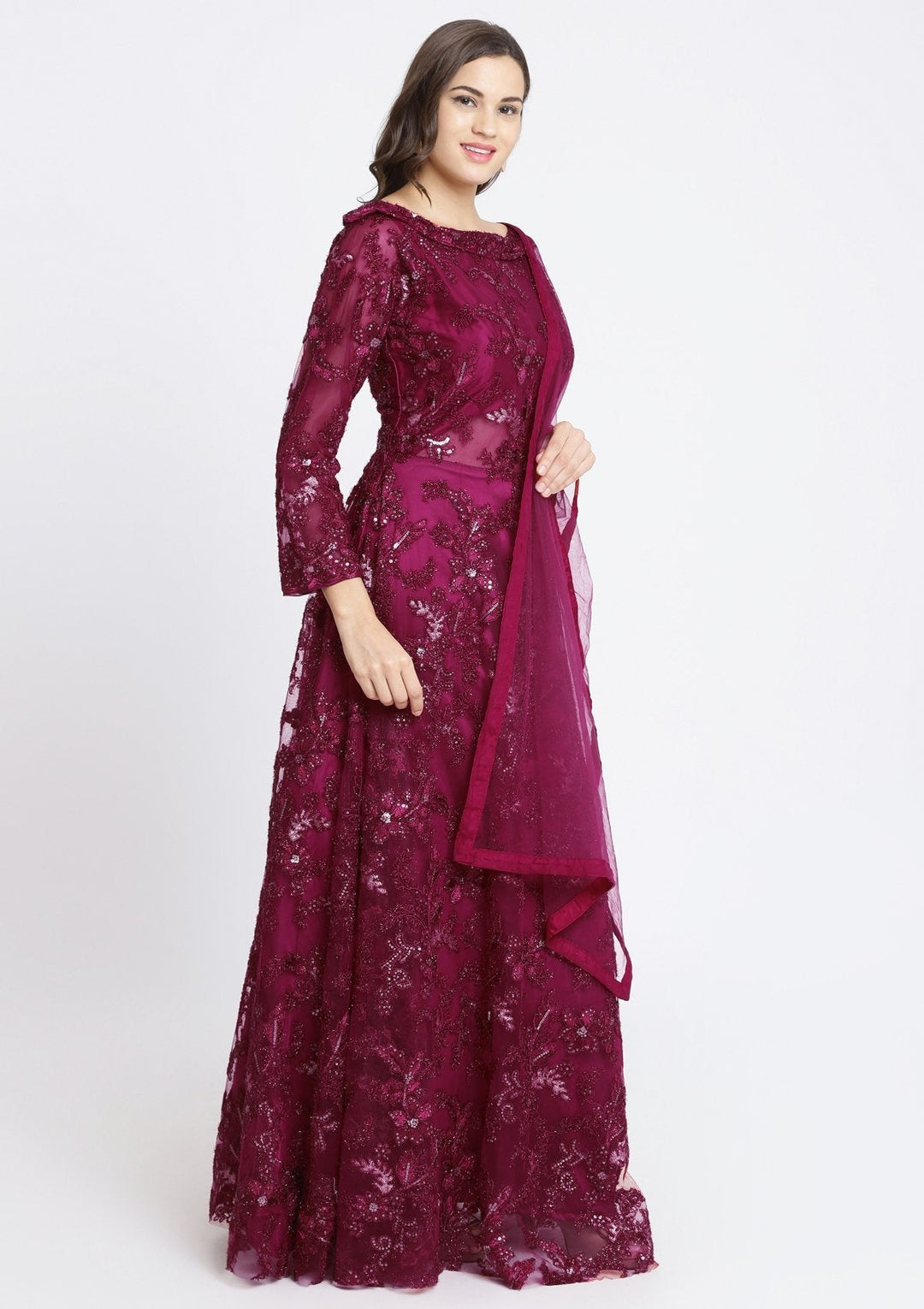 Maroon Sequinned Net Designer Gown-Koskii