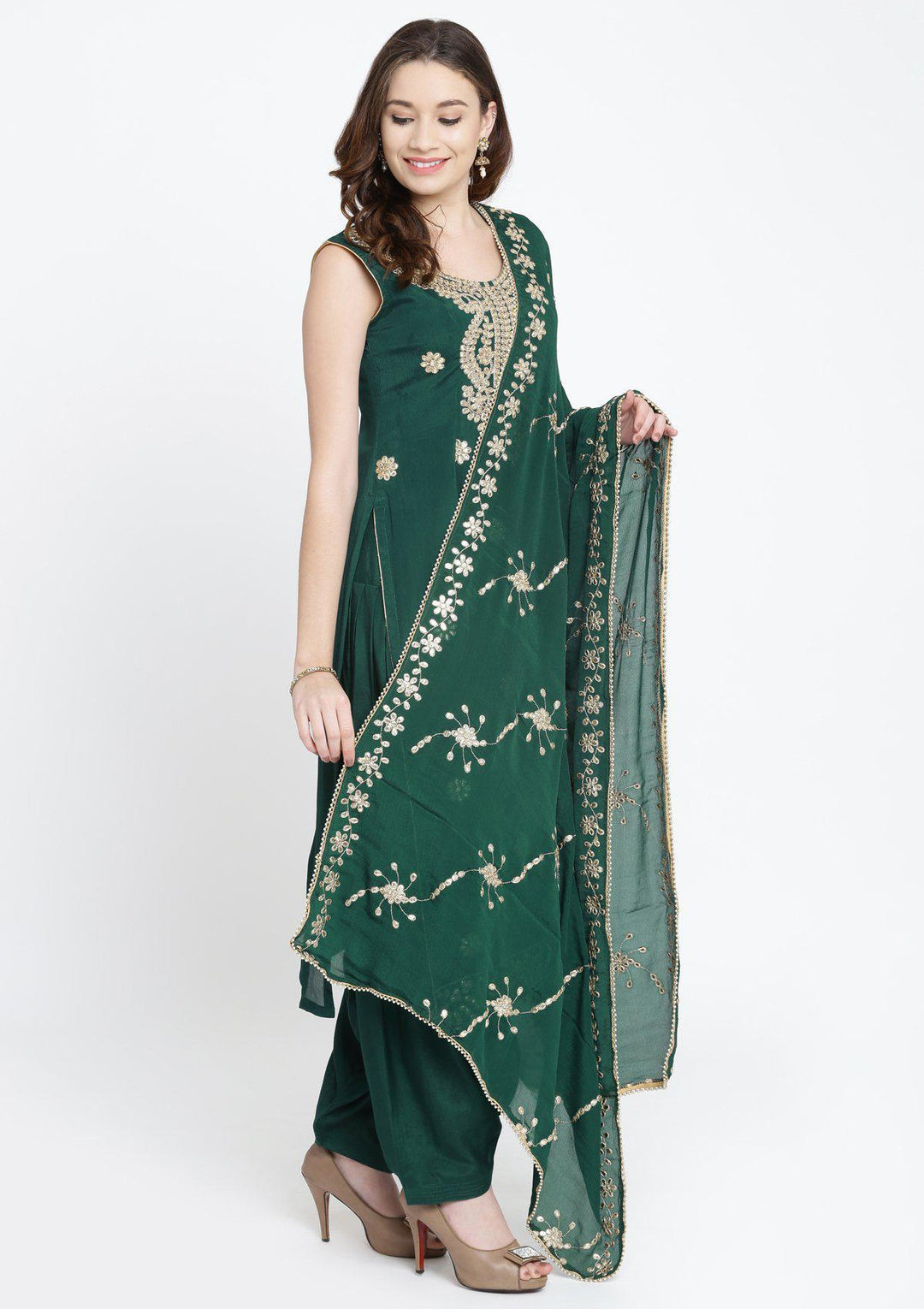 Bottle Green Gotapatti Semi Crepe Designer Salwar Suit-Koskii