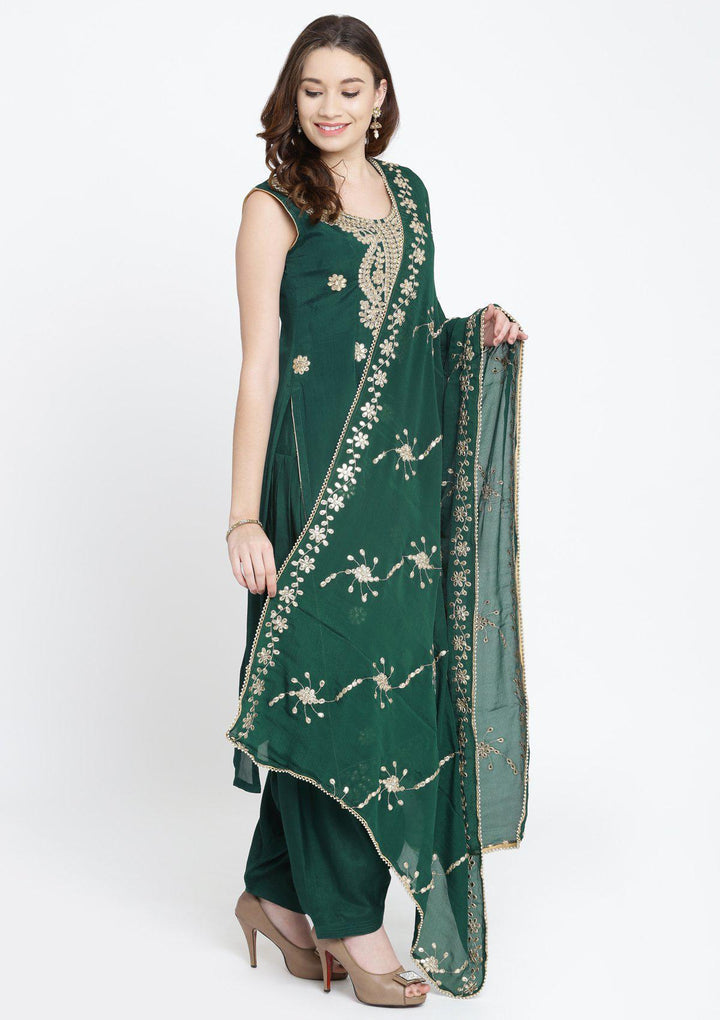 Bottle Green Gotapatti Semi Crepe Designer Salwar Suit-Koskii