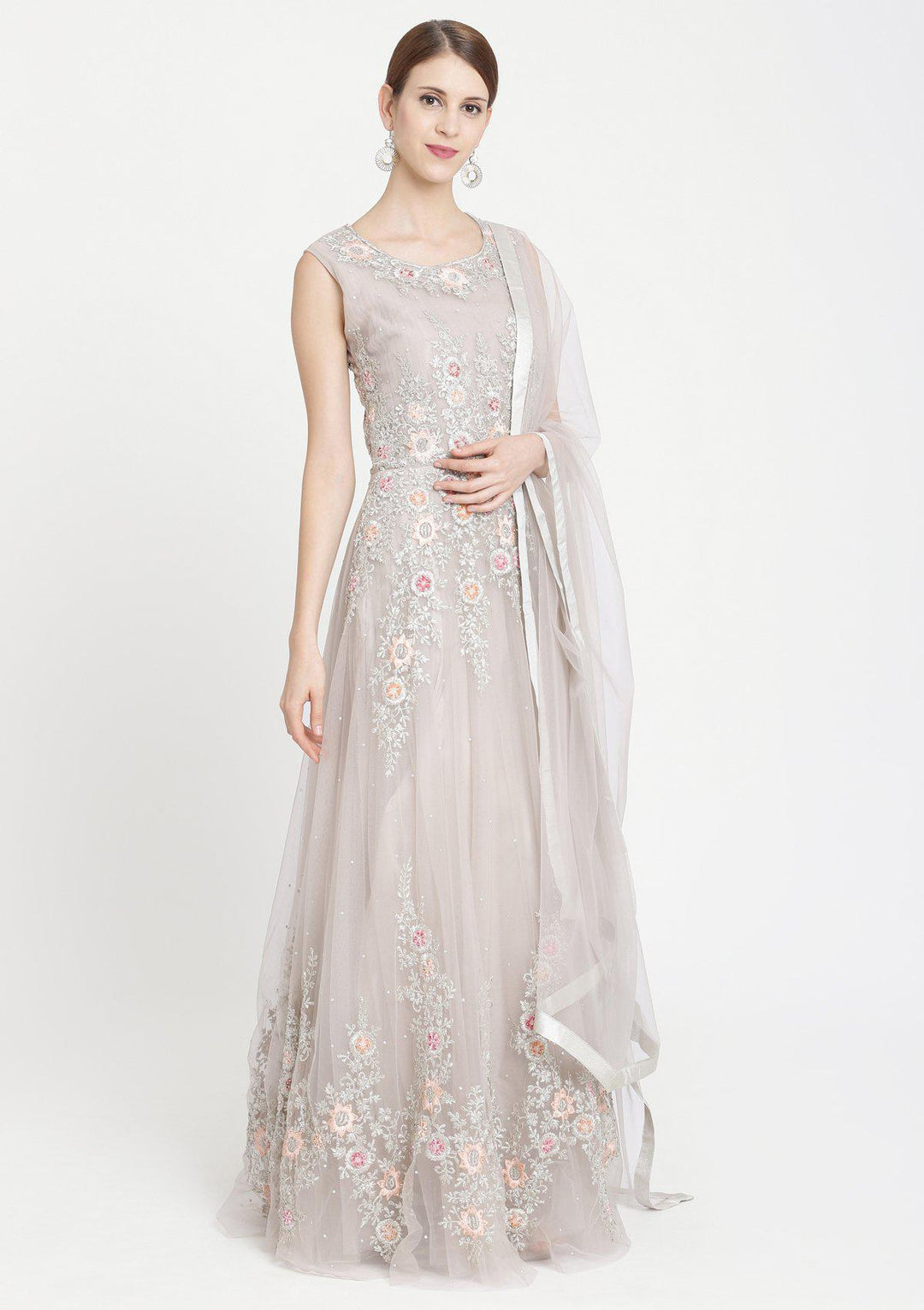 Light Grey Zariwork Net Designer Gown-Koskii