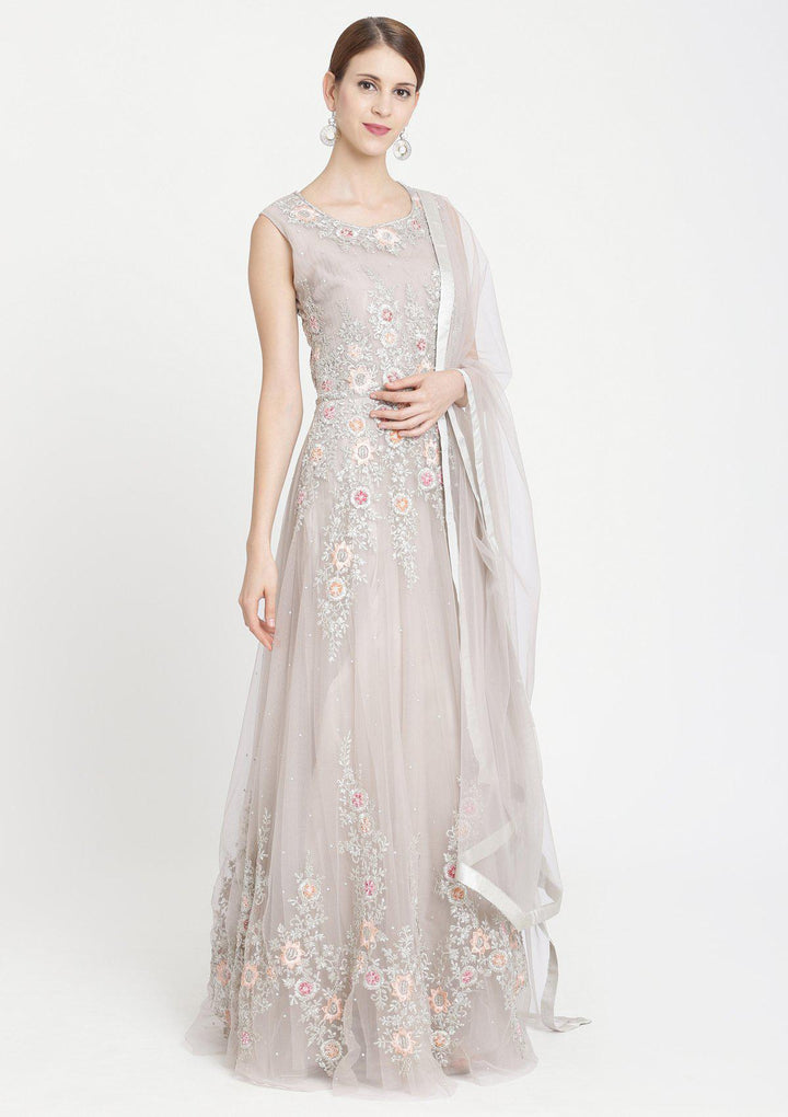 Light Grey Zariwork Net Designer Gown-Koskii