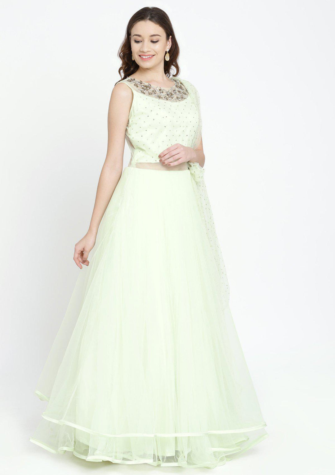 Pista Green Stonework Net Designer Gown-Koskii