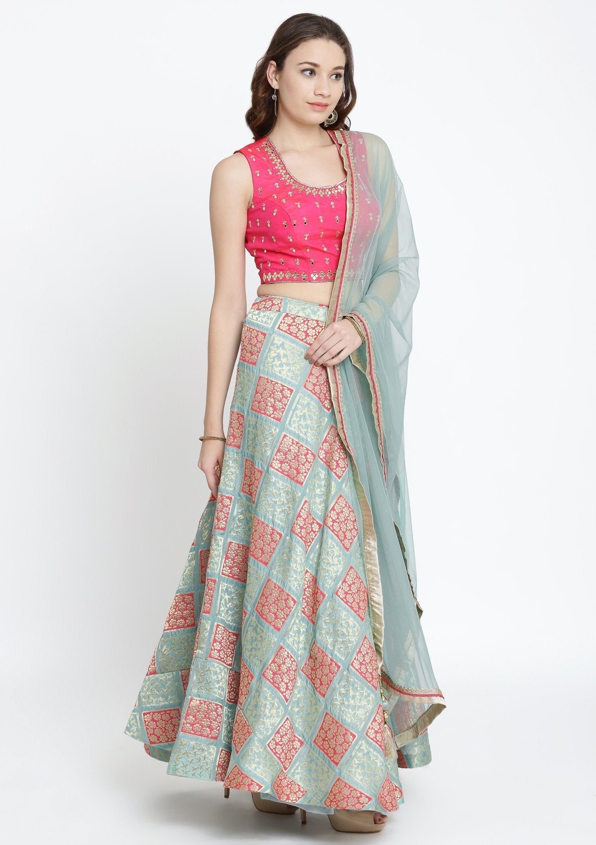 Pista Green and Fuschia Mirrorwork Brocade Designer Lehenga-Koskii