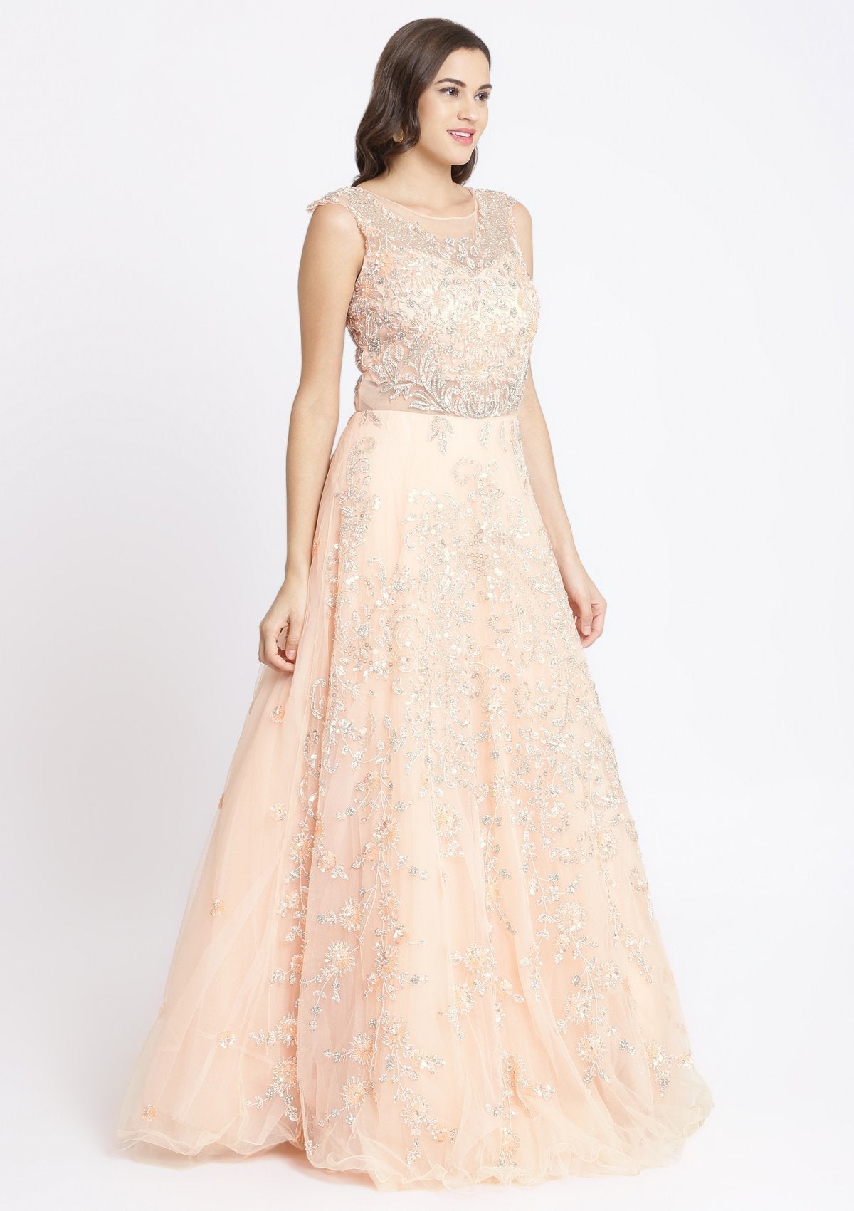 Peach Sequinned Net Designer Gown-Koskii