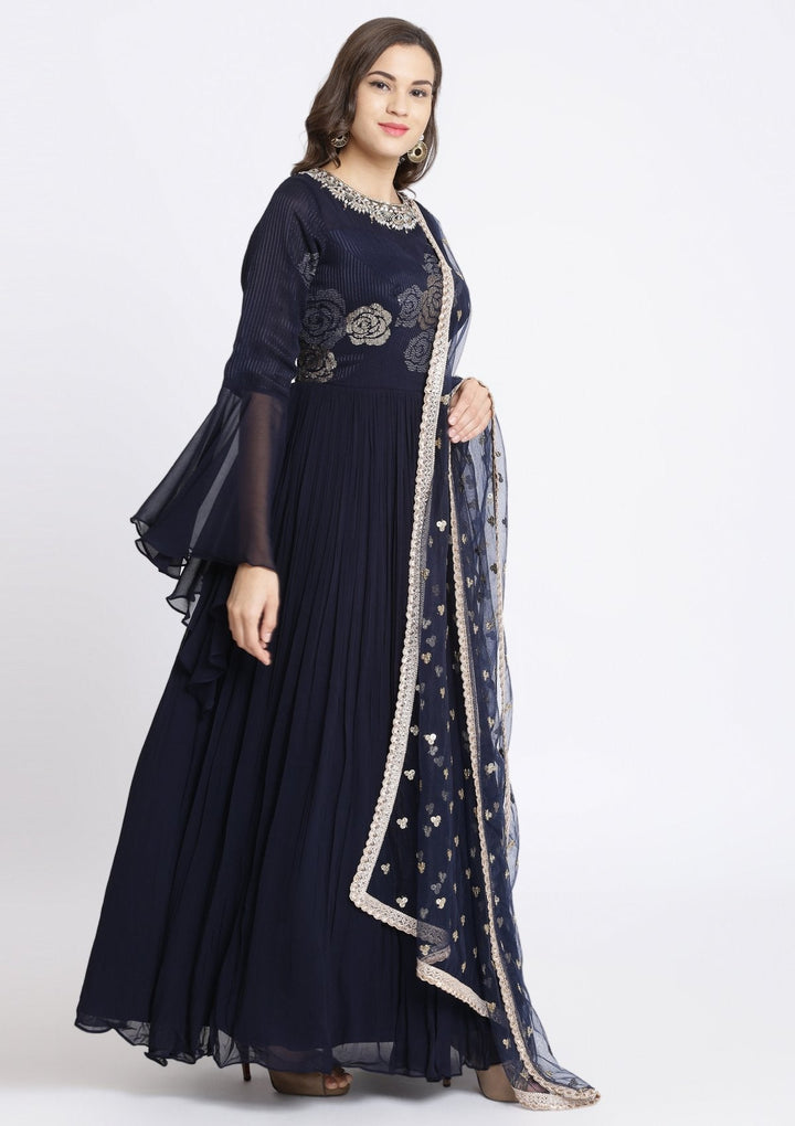 Navy Blue Sequinned Georgette Designer Gown-Koskii