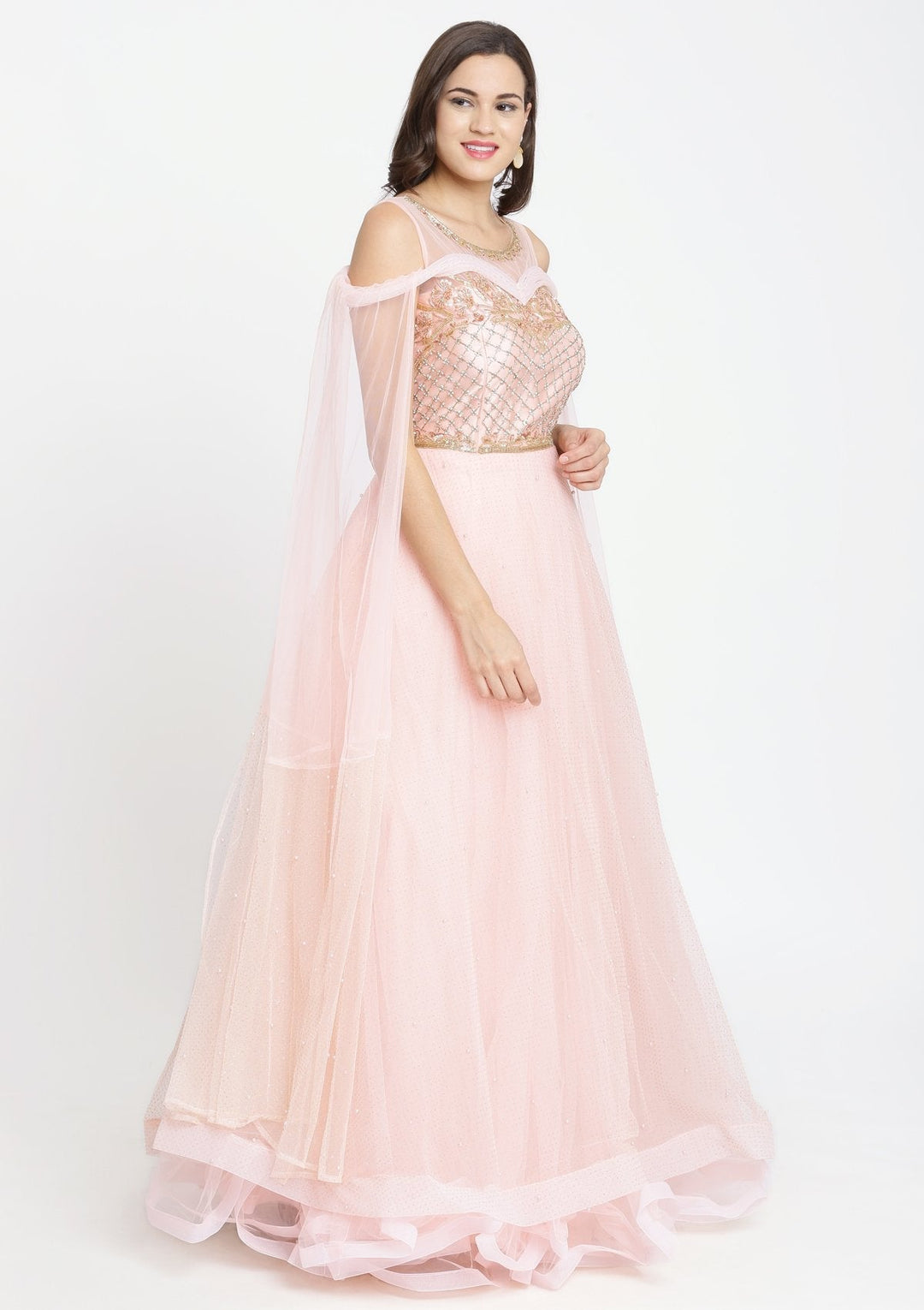 Baby Pink Cutdana Net Designer Gown-Koskii