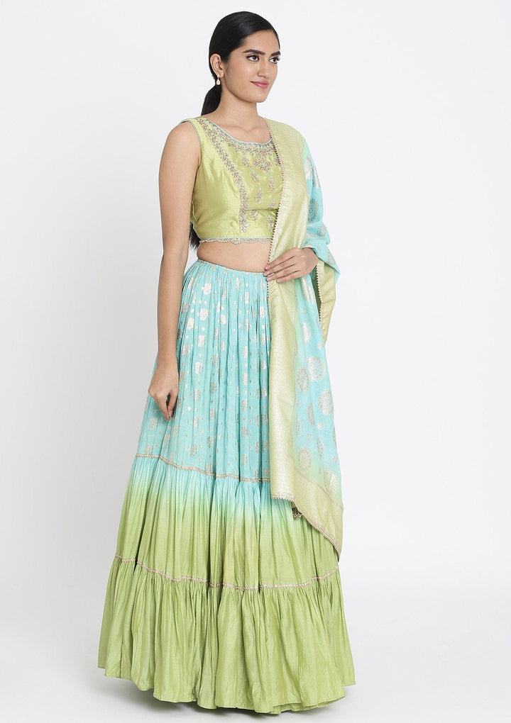 Sea Green And Pista Green Gotapatti Art Silk Designer Lehenga - koskii