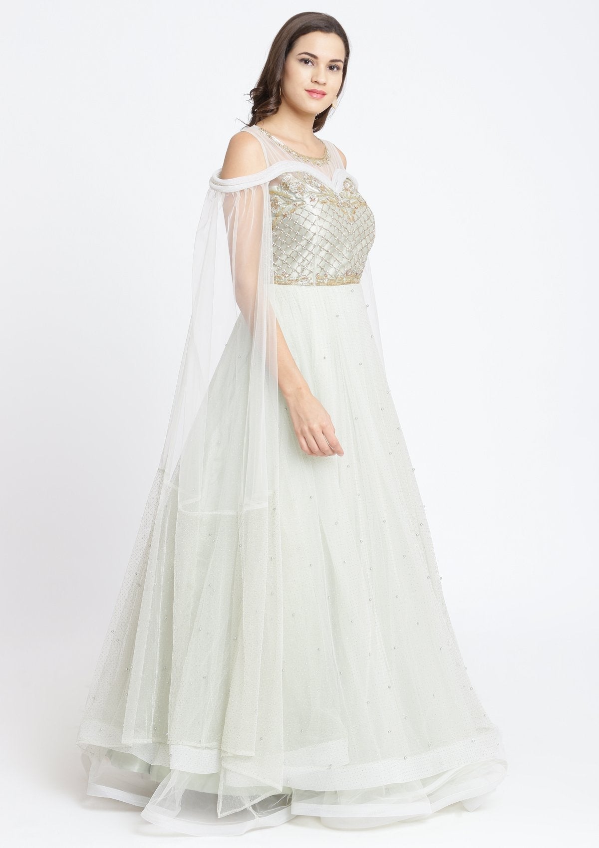 Pista Green Cutdana Net Designer Gown-Koskii