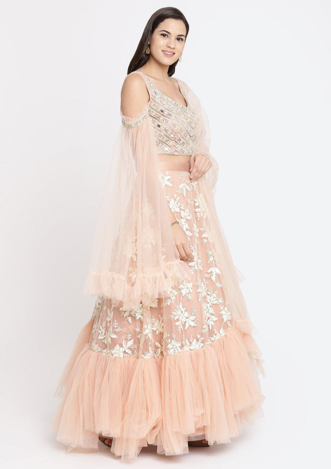 Peach Pearlwork Net Designer Lehenga-Koskii